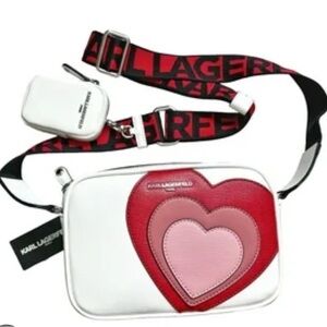 Karl Lagerfeld Women's New Heart Crossbody Bag  with Air Pod Case- Cream and Red